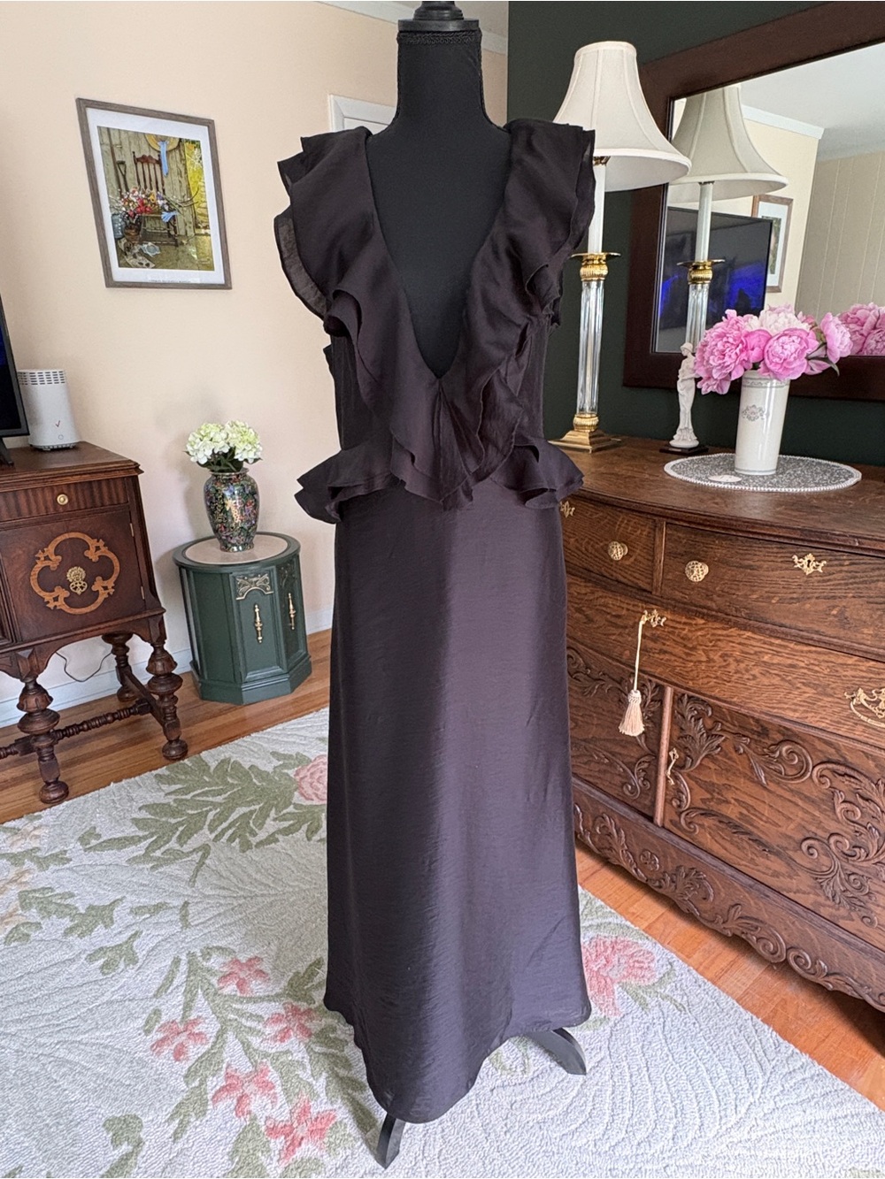 NWT H&M Black Ruffle Maxi Dress Size 8 Deep V Open Back Romantic Cottagecore